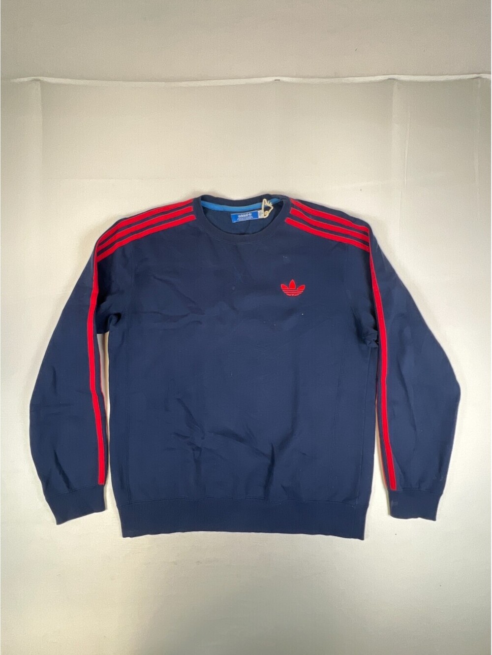Vintage Adidas Sweatshirt Mens M Navy Blue Red 3 Stripes Trefoil Crewneck Logo